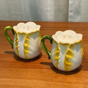VTG Lefton Yellow Cabbage Rose Salt and Pepper Shakers Handles Cottagecore Green